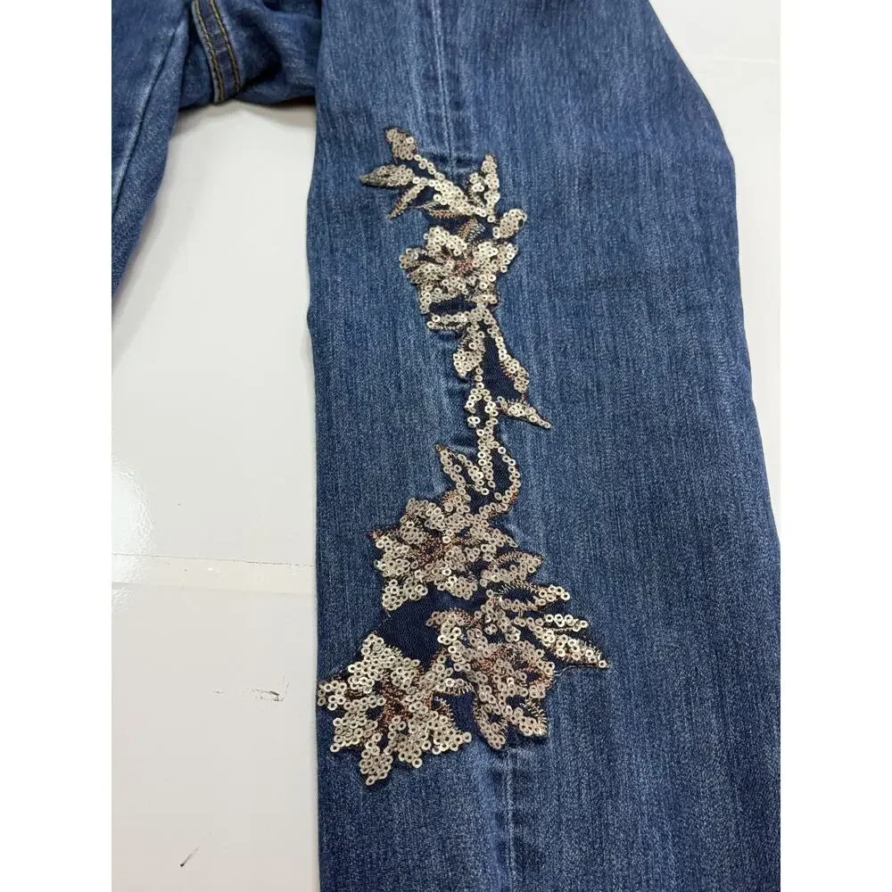 Christopher & Banks Embellished Sequin Floral Jeans Blue Stretch Mid Rise Size 4